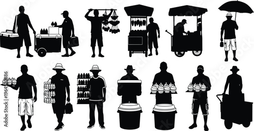 Black silhouette collection of street food vendors, sellers carrying goods, pushing carts, holding trays of cupcakes and bottles for local marketplace business.
