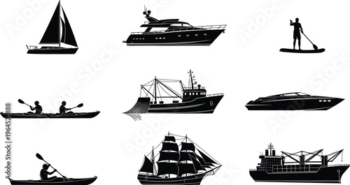 Black silhouette collection of various ships and boats including sailboat yacht cargo ship fishing boat kayak and paddleboard for maritime design