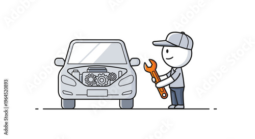 Simple cartoon mechanic character with wrench fixes car engine with open hood clean white background vector