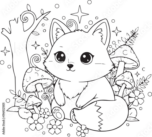 Cute cartoon fox sitting among mushrooms and flowers for coloring page.
