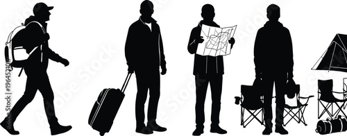 Black silhouettes of travelers and campers with backpacks, suitcases, maps, and camping gear isolated on white background for outdoor adventure travel