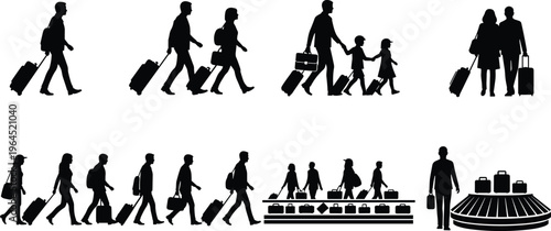 Black silhouettes of travelers, families, and tourists with luggage, walking and waiting at airport baggage carousel, isolated on a white background
