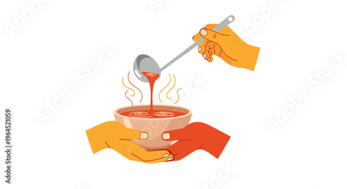 Two cupped hands gently hold a beige bowl of steaming red soup, while another hand pours more hot liquid from a ladle on a white background.