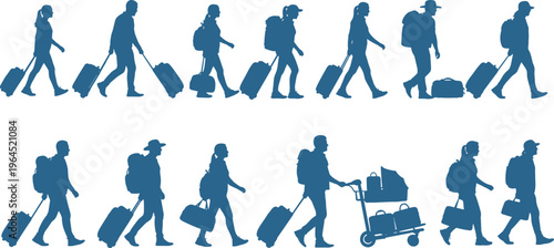 Blue silhouette collection of diverse travelers walking with rolling suitcases luggage cart and backpacks for airport terminal and summer vacation travel concept