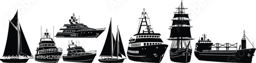 Collection of black boat and ship silhouettes including luxury yachts sailboats cruise ships and industrial cargo vessels isolated on white background