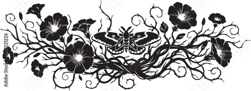 Gothic death's-head hawk-moth in a swirling thorny vine arrangement with blooming morning glory flowers.