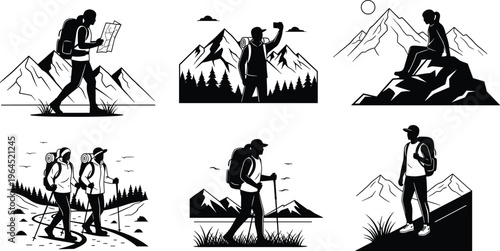 Hiking adventure silhouettes set featuring mountain climbers with backpacks trekking through wilderness trails and scenic landscape views for outdoor nature exploration travel.