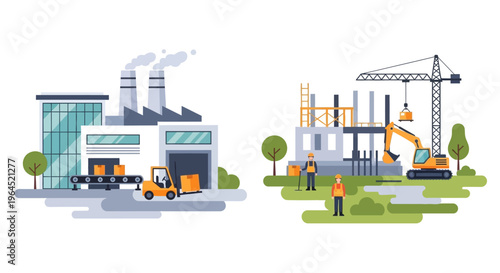 Manufacturing and Construction Industry: Factory Production & Building Site Development Flat Illustration