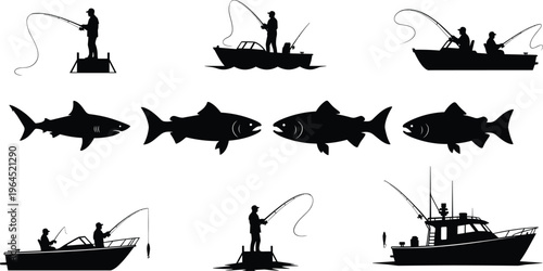 Fishing silhouette set featuring fishermen in boats catching big fish and sharks with rods and tackle for marine outdoor adventure sports hobby