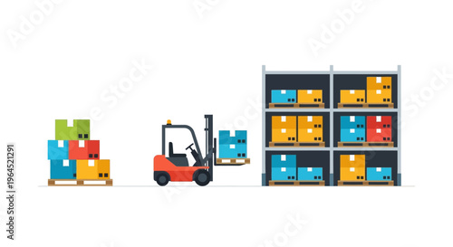 Forklift Truck Moving Boxes in Warehouse - Logistics, Storage & Supply Chain Management Vector Illustration