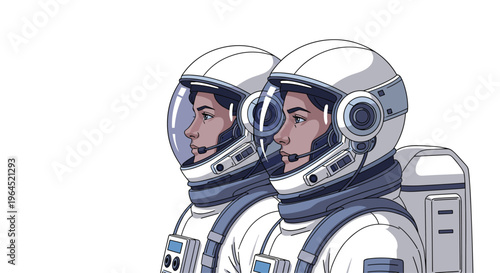 Two astronauts stand side-by-side, wearing identical white spacesuits with transparent visors and helmets, looking forward on a white background.