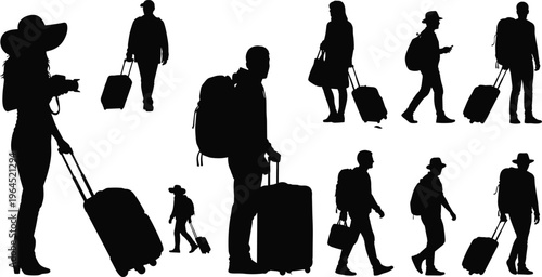 Large collection of traveler silhouettes featuring people walking with suitcases and backpacks for airport terminal journey vacation trip and global tourism