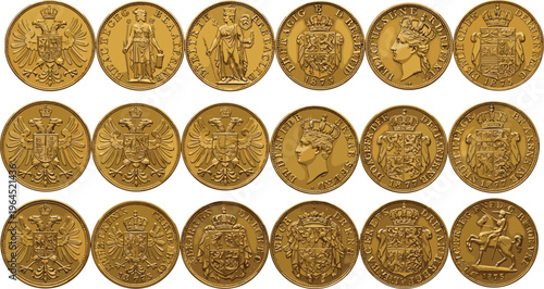 Historic gold coin illustration set with detailed designs, vintage currency vector artwork for collectors, numismatics, antique money, European heritage graphics