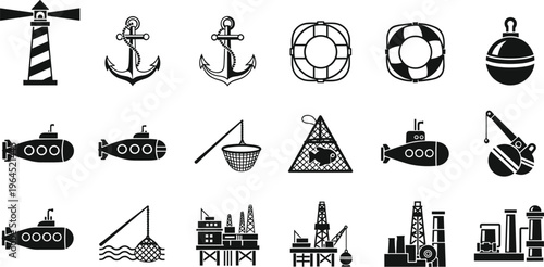 Nautical and maritime icon set featuring lighthouse, anchors, submarines, fishing nets, lifebuoys, and offshore oil platforms for industrial marine and ocean engineering.