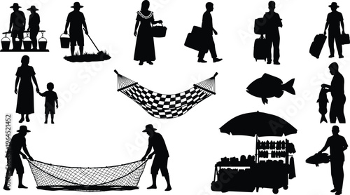 Large silhouette collection of local people engaged in daily activities including fishing with nets carrying luggage gardening market selling and village life