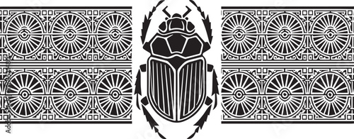 Sacred scarab beetle emblem flanked by egyptian geometric patterns featuring radial wheel motifs and tribal decorative borders.