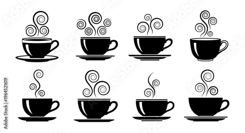 Collection of eight black silhouette coffee cups with swirling steam in various styles on saucers for cafe and beverage themes