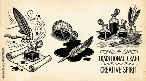 Black-and-white outline illustrations of quills, ink bottles, scrolls, and hands writing. Emphasizes creativity, artistic inspiration, and traditional writing tools for modern digital design assets.