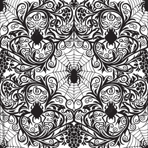Gothic damask pattern with spiders and webs intricate lace style seamless background.