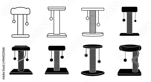 Collection of eight cat scratching post designs in various styles and colors for pet furniture and accessory themes