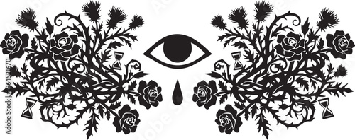 Mysterious eye symbol with roses thistles and hourglass elements creepy vintage design.
