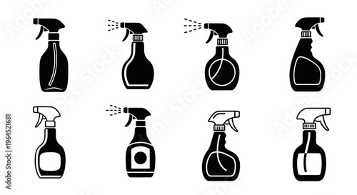 Cleaning spray bottle icon set for household hygiene and chemical product packaging design featuring various nozzle and trigger silhouettes