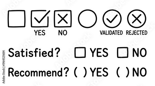 Minimalist black outline icons of checkboxes and radio buttons. Includes empty, checked, crossed states with “YES/NO” labels. Clean UI selection indicators for digital forms and interfaces.