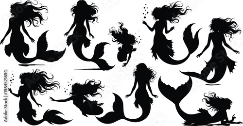 Set of beautiful mermaid silhouettes with flowing hair and fish tails swimming underwater isolated on white background, mythical sea creature vector collection