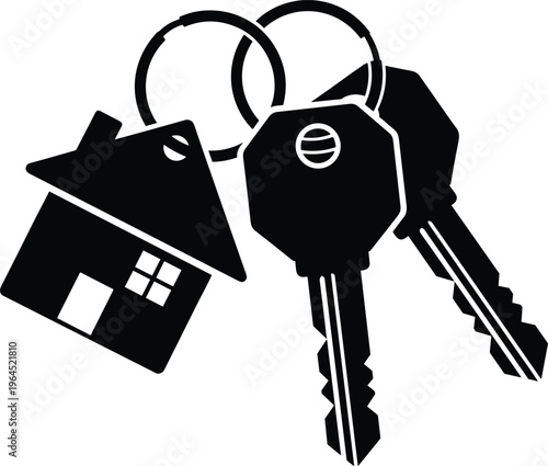 House key silhouette vector illustration with keyring and home keychain, property symbol for real estate, renting, ownership, security, housing design