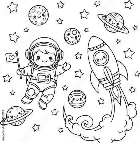 Cute Astronaut and Rocket Space Coloring Page for Kids