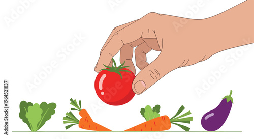 A hand reaches to pick a bright red tomato from a line of lettuce, carrots, and an eggplant on a white surface.