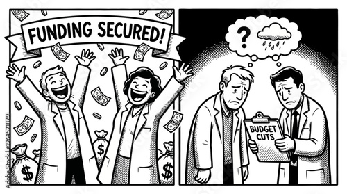 Cartoon-style black outline icons contrasting research funding success and budget cuts. Scientists celebrate under “Funding Secured” banner versus stressed colleagues under “Budget Cuts” cloud with de