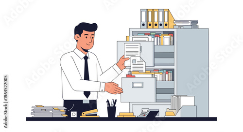 A smiling male office worker in a white shirt and black tie files a document into an open grey cabinet with desk items.