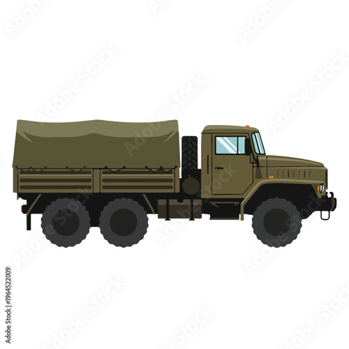 Military truck with green tarpaulin cargo bed isolated on white background