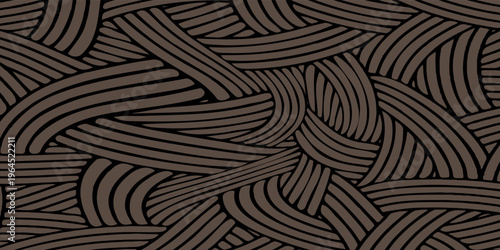 Sophisticated abstract background featuring a dense interlocking woven pattern of curved brown lines over a black field. eps10