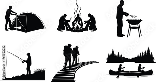Set of outdoor camping and hiking silhouettes featuring tent, campfire, fishing, trekking, canoeing, and barbecue grill icons isolated on white background, vector