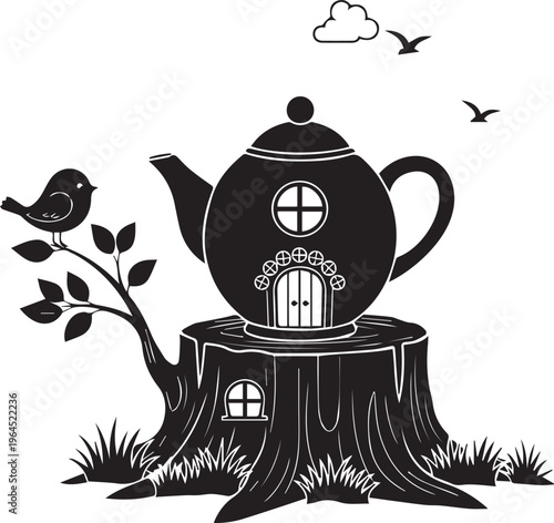 Enchanting teapot house on tree stump with bird and leaves, magical fairy home design, whimsical illustration, fantasy setting.
