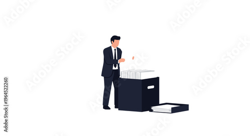 A man in a dark suit and black tie stands next to a deep blue box full of white papers, actively sifting through documents on a clean background.