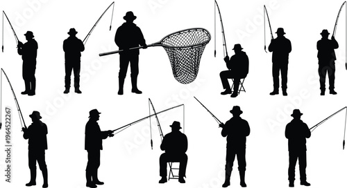 Set of professional fisherman silhouettes with fishing rods and landing net isolated on white background, outdoor recreational sport activity vector collection