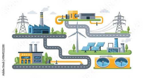 Energy Infrastructure Network Illustration: Renewable & Traditional Power Plants, Solar, Wind, Industry, and Grid System