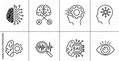Minimalist black and white line icons illustrate complex concepts of artificial intelligence, cognitive processing, and machine.