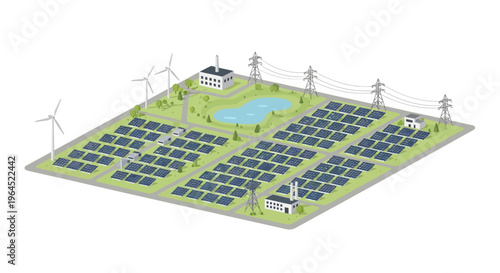 Green Energy Future: Isometric Design of a Renewable Power Station with Solar Panels and Wind Turbines