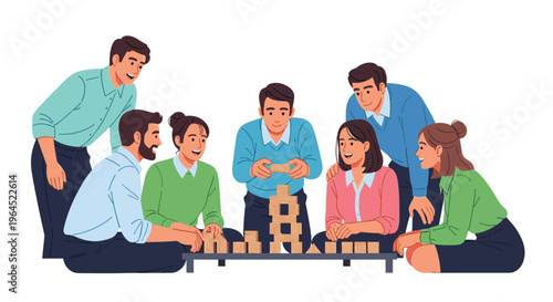 Seven smiling individuals are gathered around a low table, collaboratively playing a wooden block-stacking game on a clean white background.
