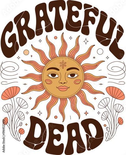 Grateful Dead sun and flowers retro design with groovy font and stars