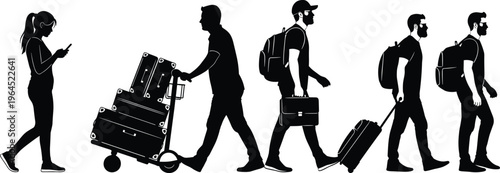 Silhouette collection of diverse travelers walking with suitcases luggage cart and backpacks for airport terminal and summer vacation travel concept design