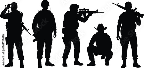 Collection of black soldier silhouettes featuring various tactical poses with rifles binoculars and helmets isolated on white background for military design and veterans