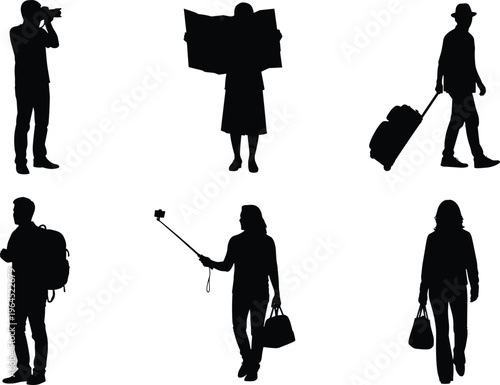 Silhouette collection of diverse tourists and travelers walking with camera map suitcase and selfie stick for summer vacation travel concept design