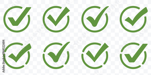 Check mark icons in various shapes and styles for approval and confirmation. vector illustration.