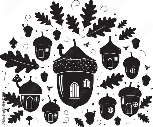 Acorn houses and oak leaves pattern set featuring whimsical woodland dwellings with windows and doors in various sizes for art.