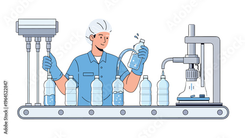 Bottling process: A person wearing protective attire oversees the automated bottling process in a clean industrial environment. He checks quality and ensure high standards.